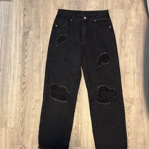 SHEIN Black Distressed Wide Leg Jeans